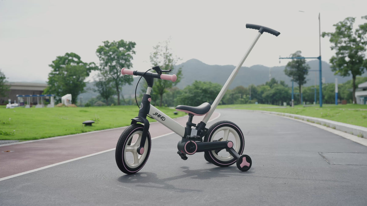 A child riding the JMMD S900 Grow-With-Me Bike outdoors in different riding modes.