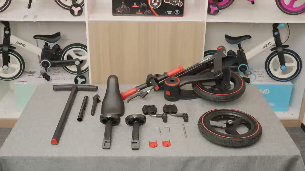 Step-by-step assembly of the JMMD S900 Grow-With-Me Bike and its included components.