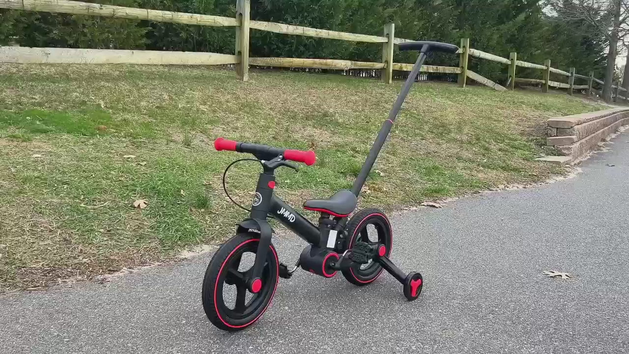#color_all JMMD S900 Grow-With-Me Bike video showing a toddler riding outdoors with parent push handle, adjustable seat, multiple riding modes, and all-terrain wheels.