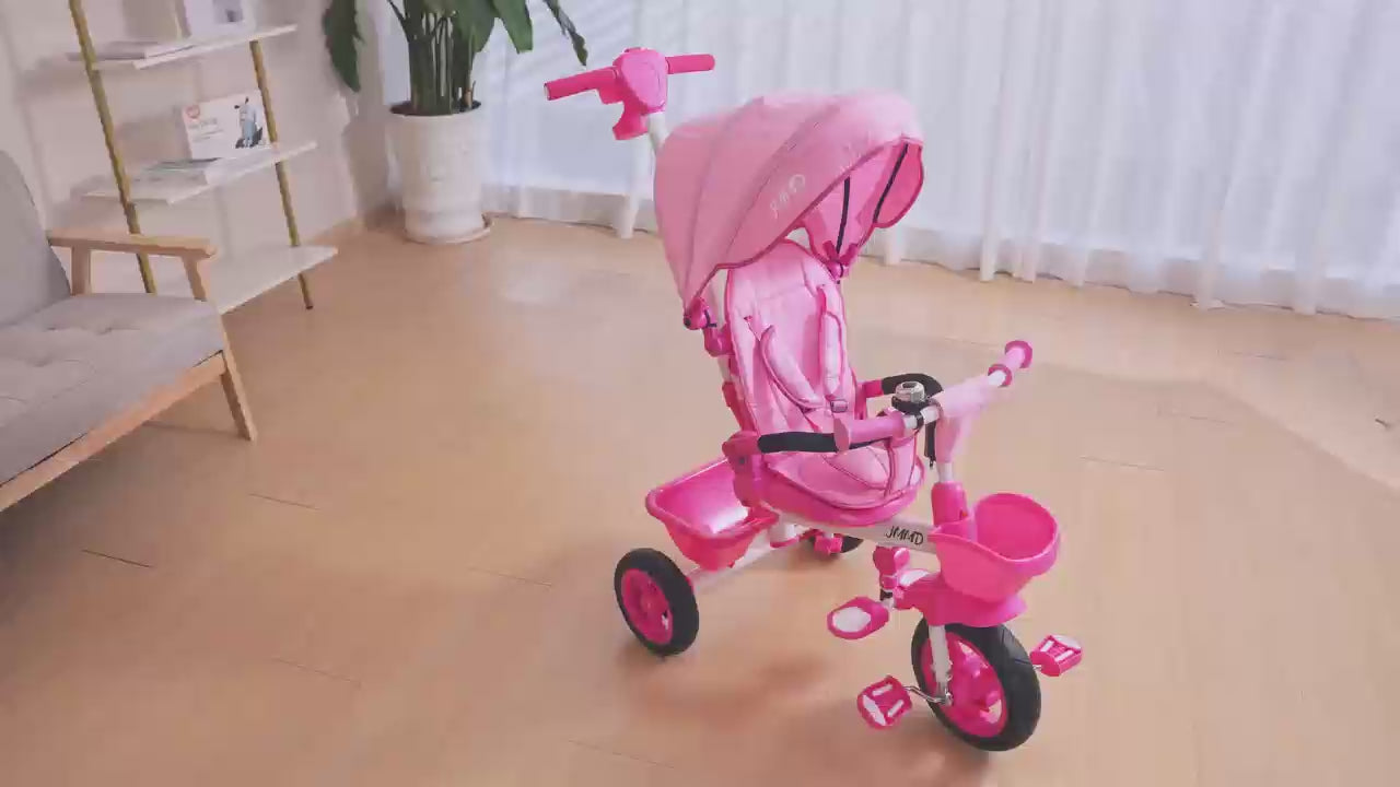 #color_all JMMD B31 Starter Trike demo video showing parent-guided riding, canopy use, safety bar, pedals, storage features, and beginner-friendly toddler trike design