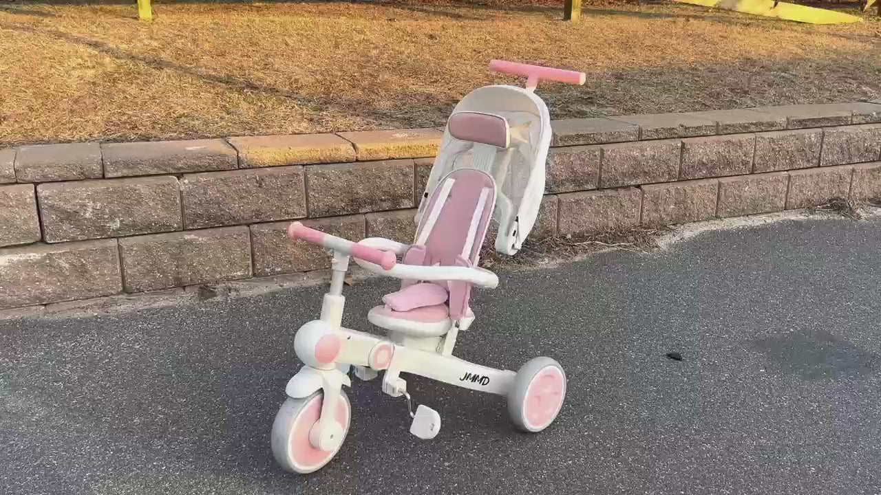 #color_all JMMD A7 7-in-1 Folding Trike real-life use video showing a toddler riding with canopy, parent push handle, safety harness, and family-friendly riding features
