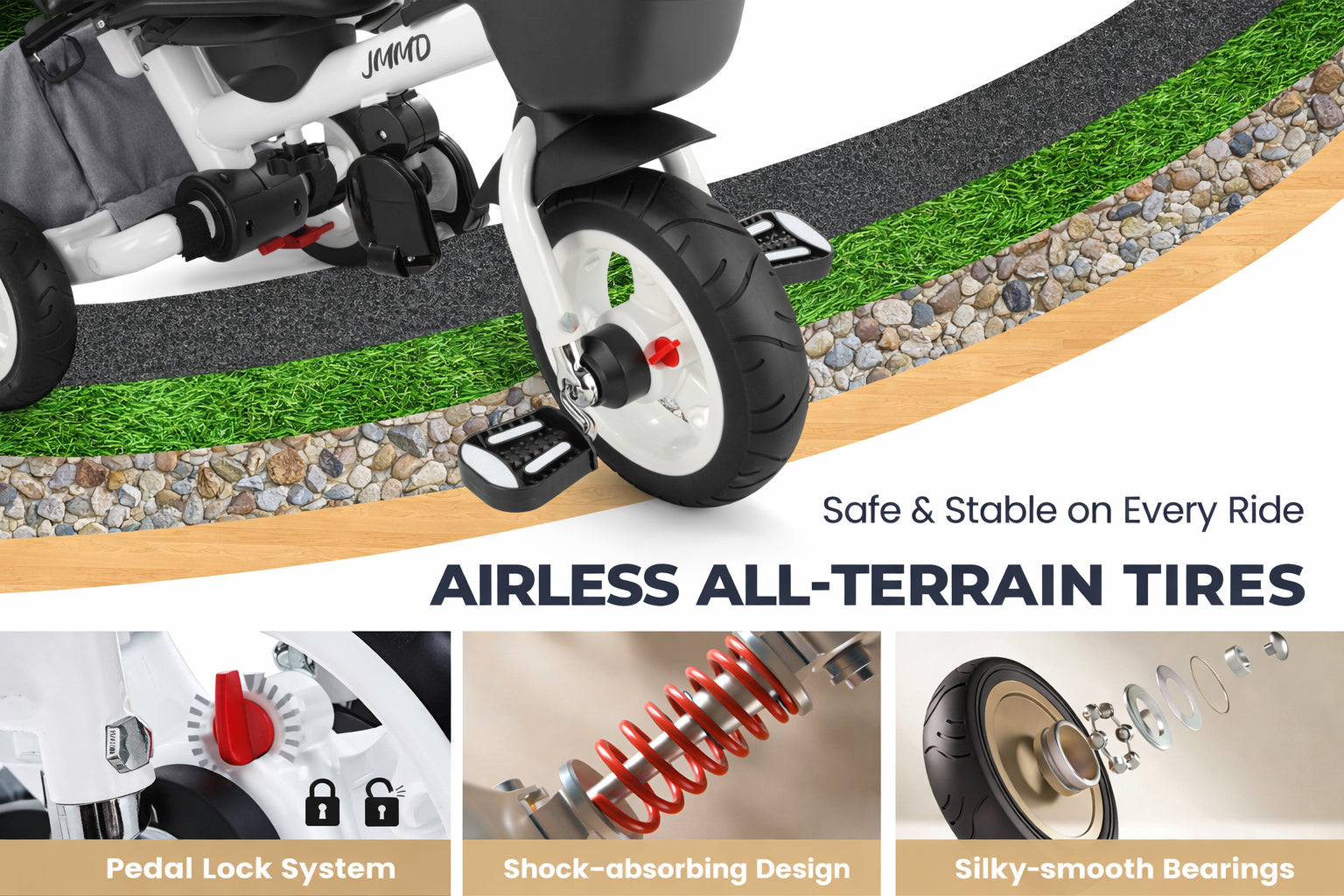 All-terrain wheels for smooth and stable toddler tricycle riding