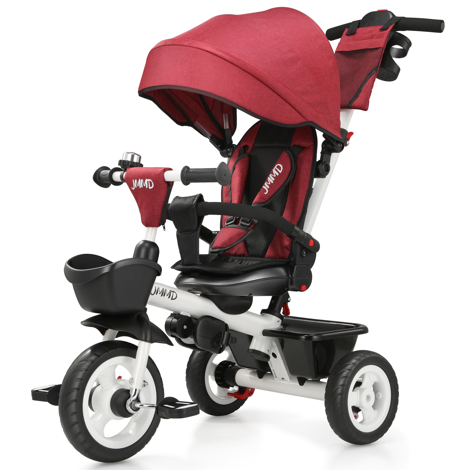 Burgundy red toddler tricycle with push handle for kids ages 1 to 5