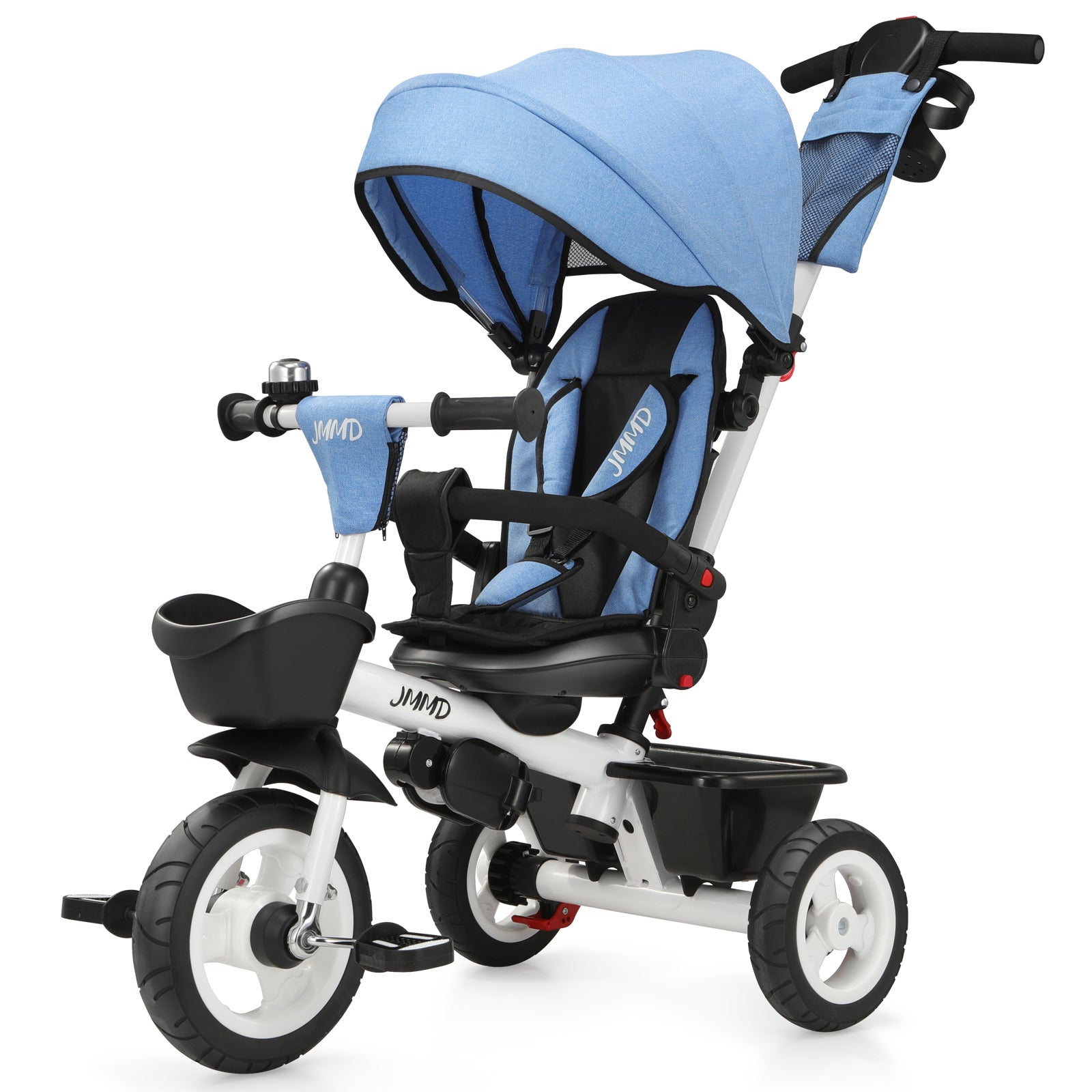 Denim blue toddler tricycle with push handle for kids ages 1 to 5