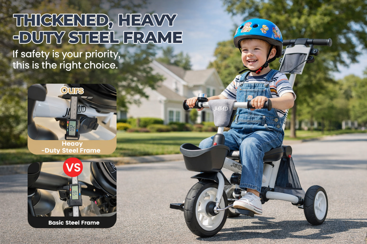 Durable steel frame toddler tricycle designed for long-term use