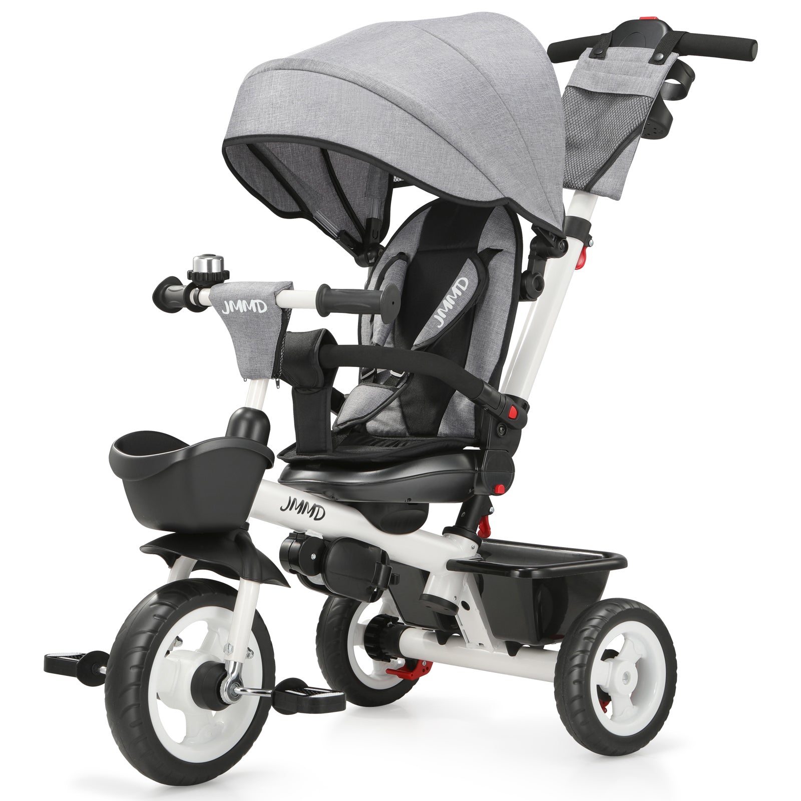 Light grey toddler tricycle with push handle for kids ages 1 to 5