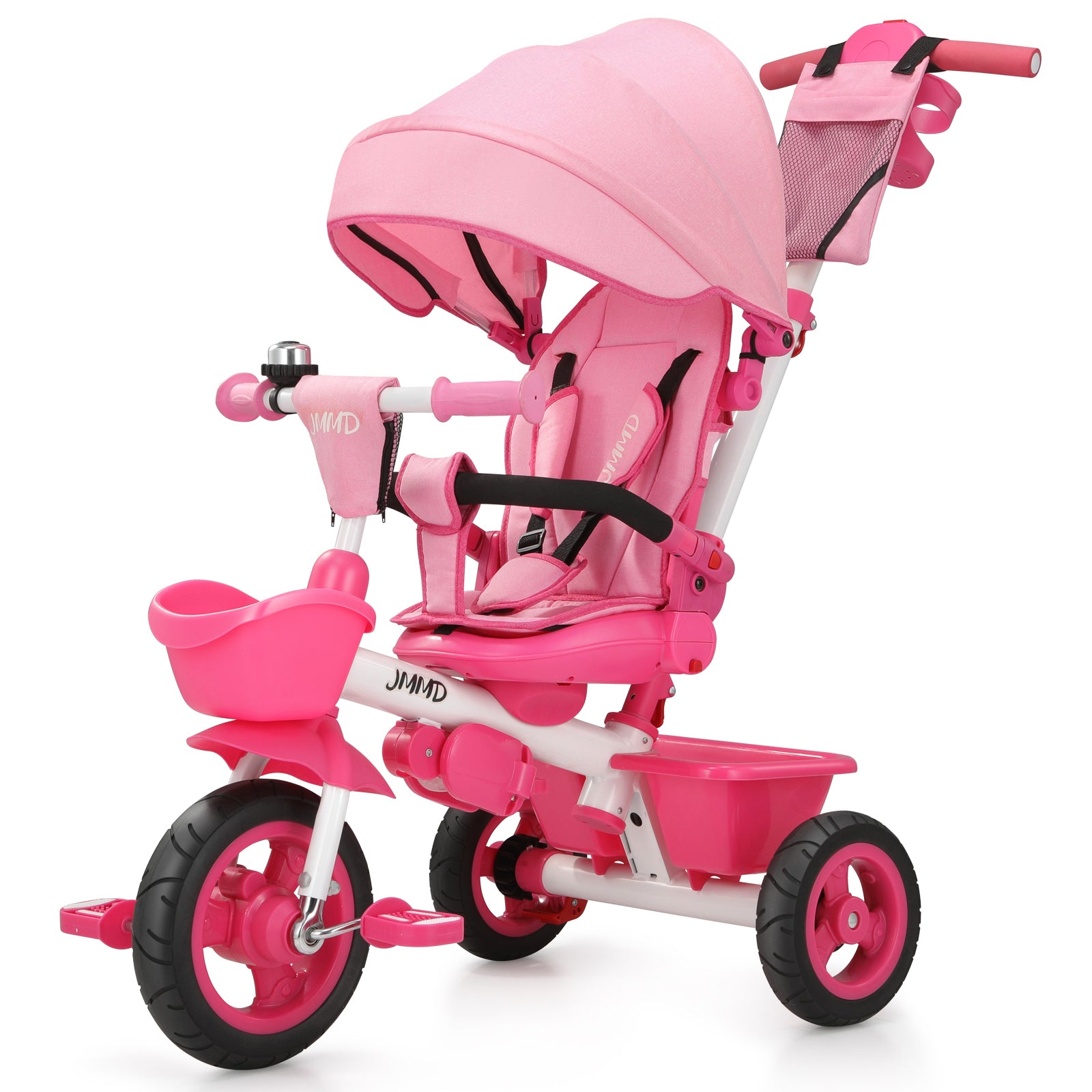 Soft pink toddler tricycle with push handle for kids ages 1 to 5