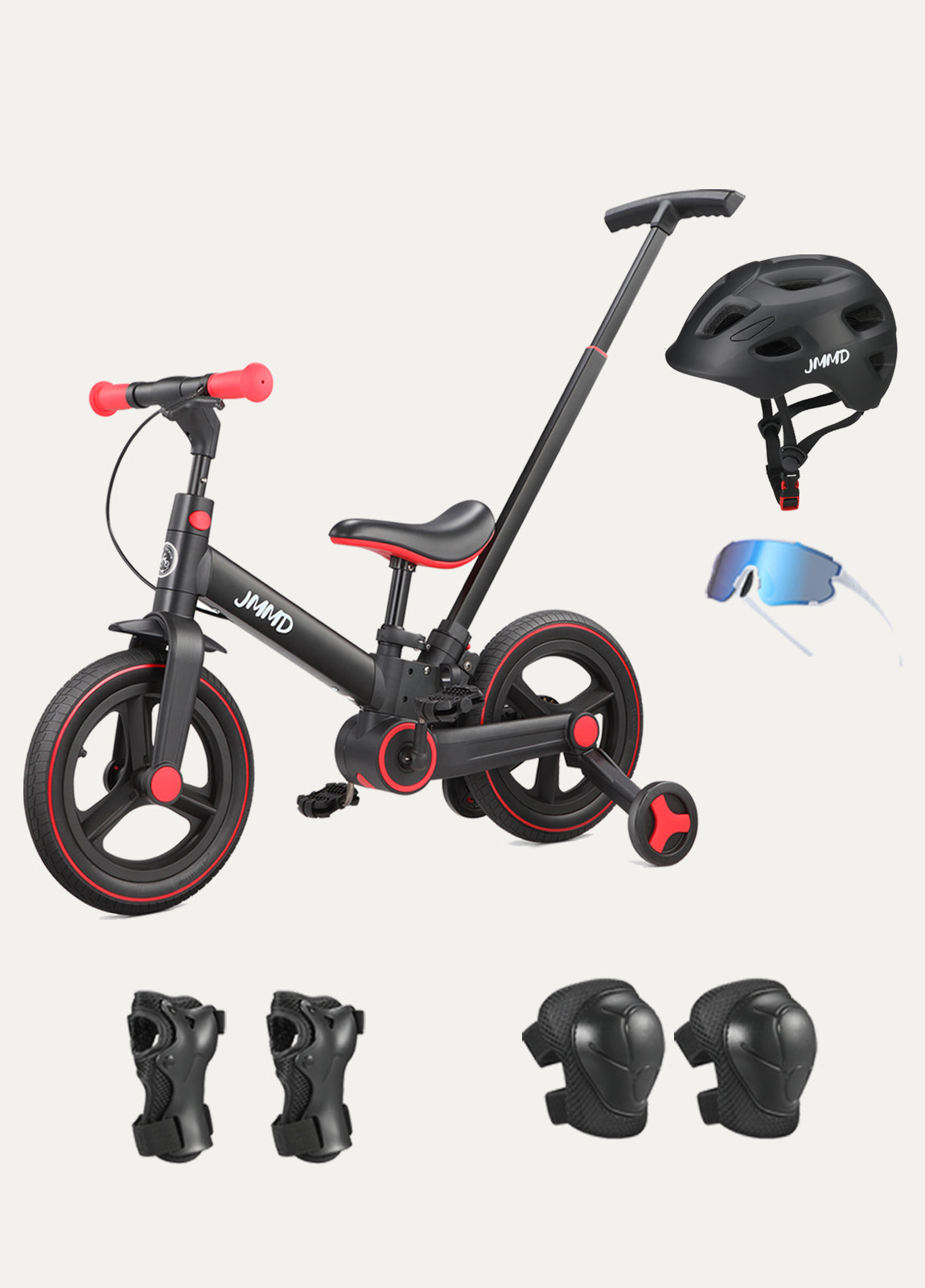 JMMD S900 bike with helmet, protective pads, and sports goggles bundle